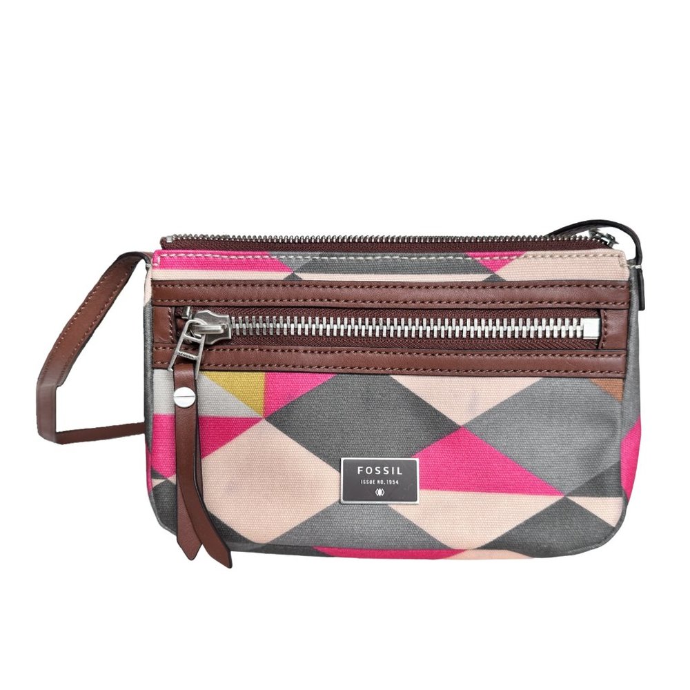 Fossil Crossbody Geometric Handbag Pink, Yellow, Gray Triangles, Inner Pockets